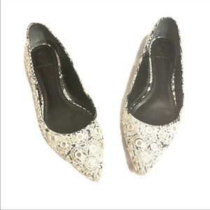 Tory Burch Francesca White Bling Leather Flats